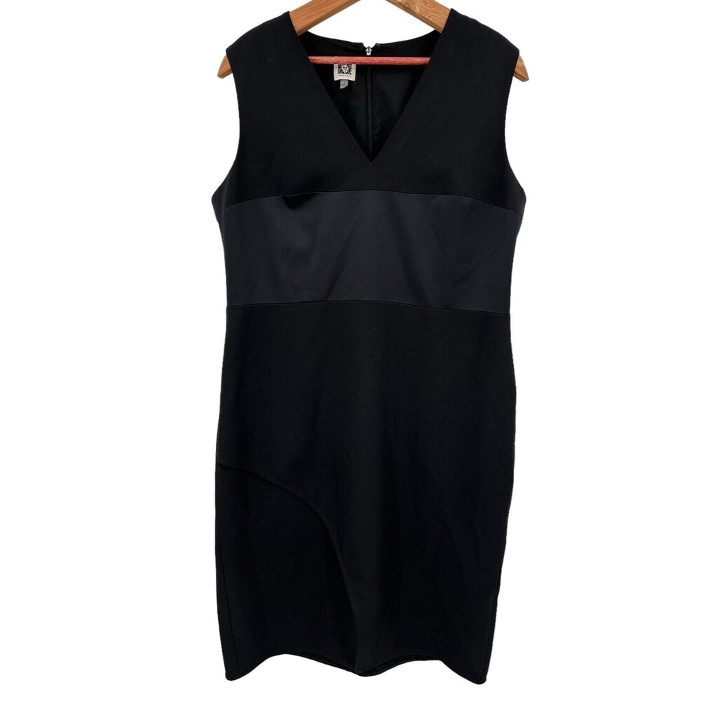 Anne Klein Dress 14 Black Sheath Crepe Sleeveless Work Career V-Neck Knee Length